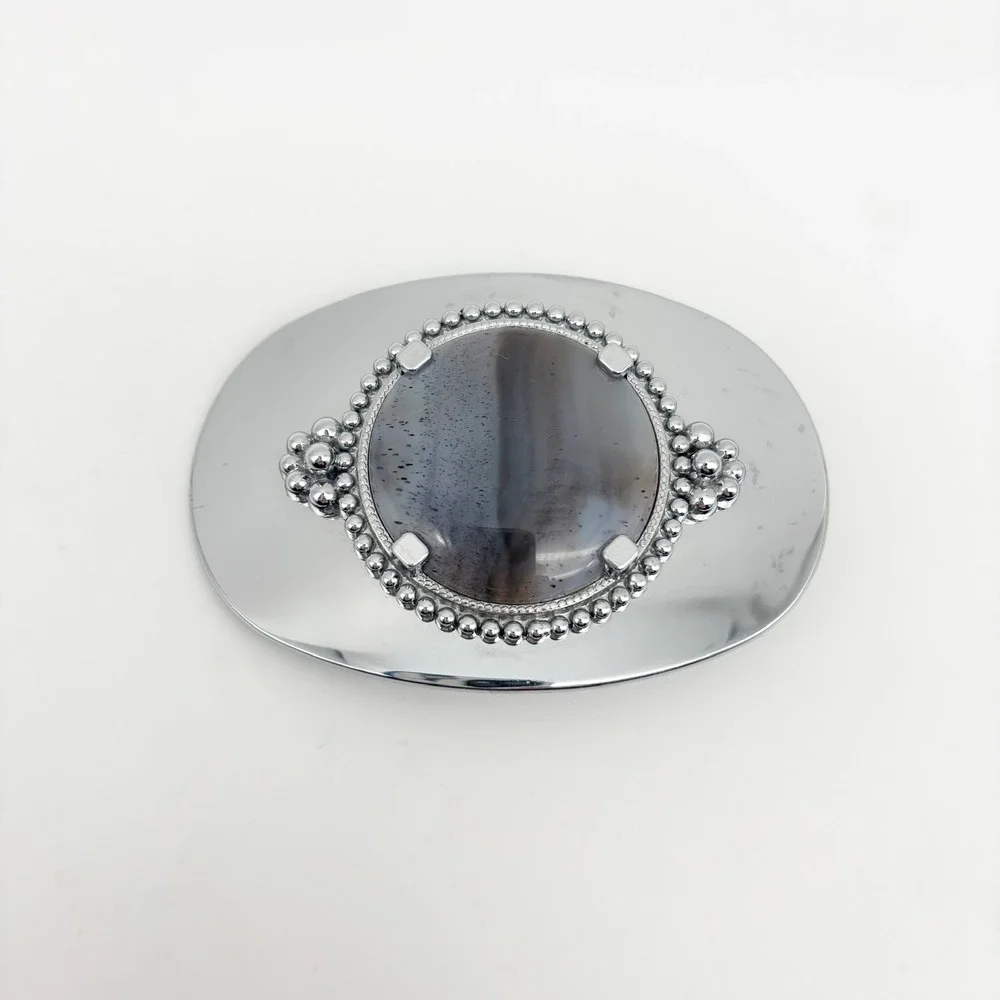 Retro Western Style Gray Agate Bolo Tie & Oval Belt Buckle Set